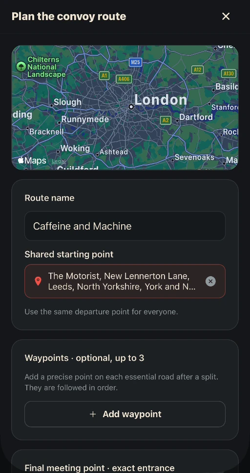 Actual NEARREV route planner with a route name, shared starting point and up to three waypoints.
