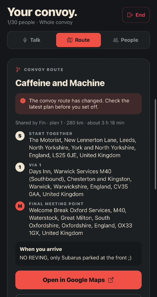 Actual NEARREV shared itinerary showing the start, an ordered stop, final meeting point, arrival notes and Google Maps option.